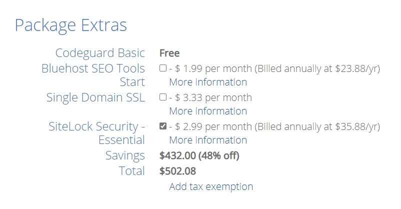 Bluehost Package Extras