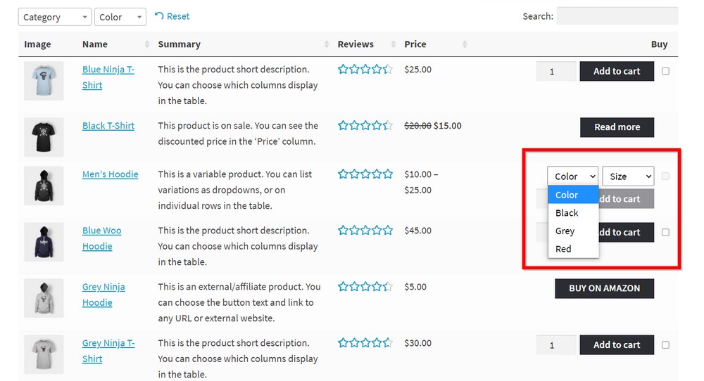 WooCommerce product variation result 2