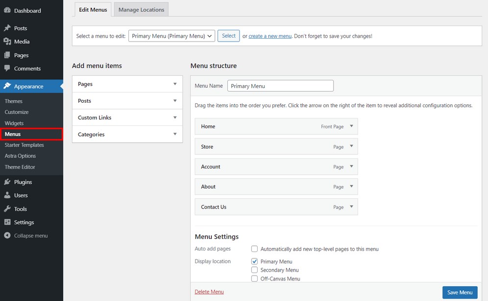 WordPress menu settings
