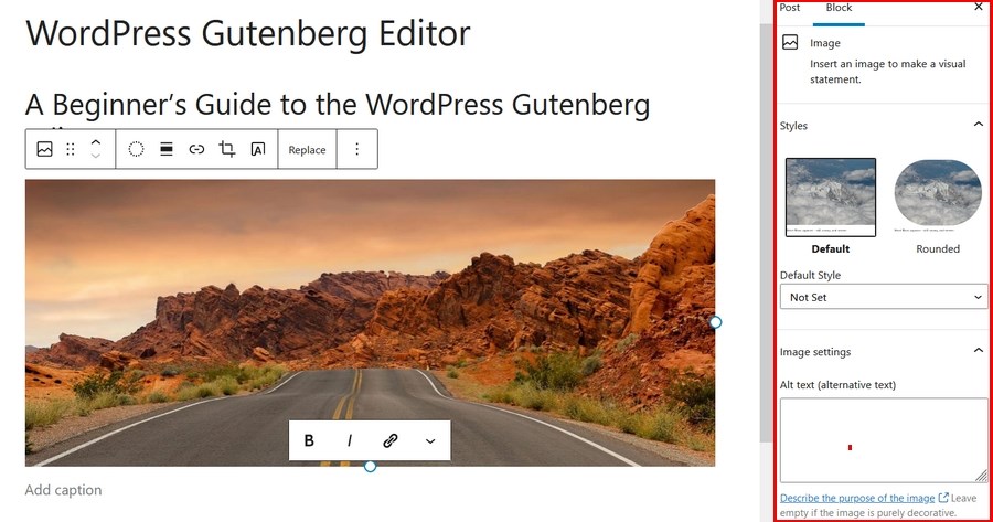 Gutenberg image block settings